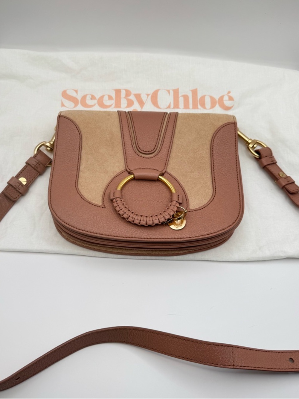See By Chloé Hana Crossbody Bag Blush Pink Leather Suede Ring Hardware Dust Bag